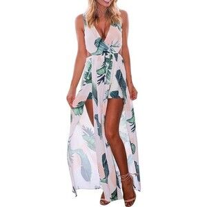 LKOUS Sleeveless V-Neck Split Long Dress Floral Print Maxi Dress Women 2XL